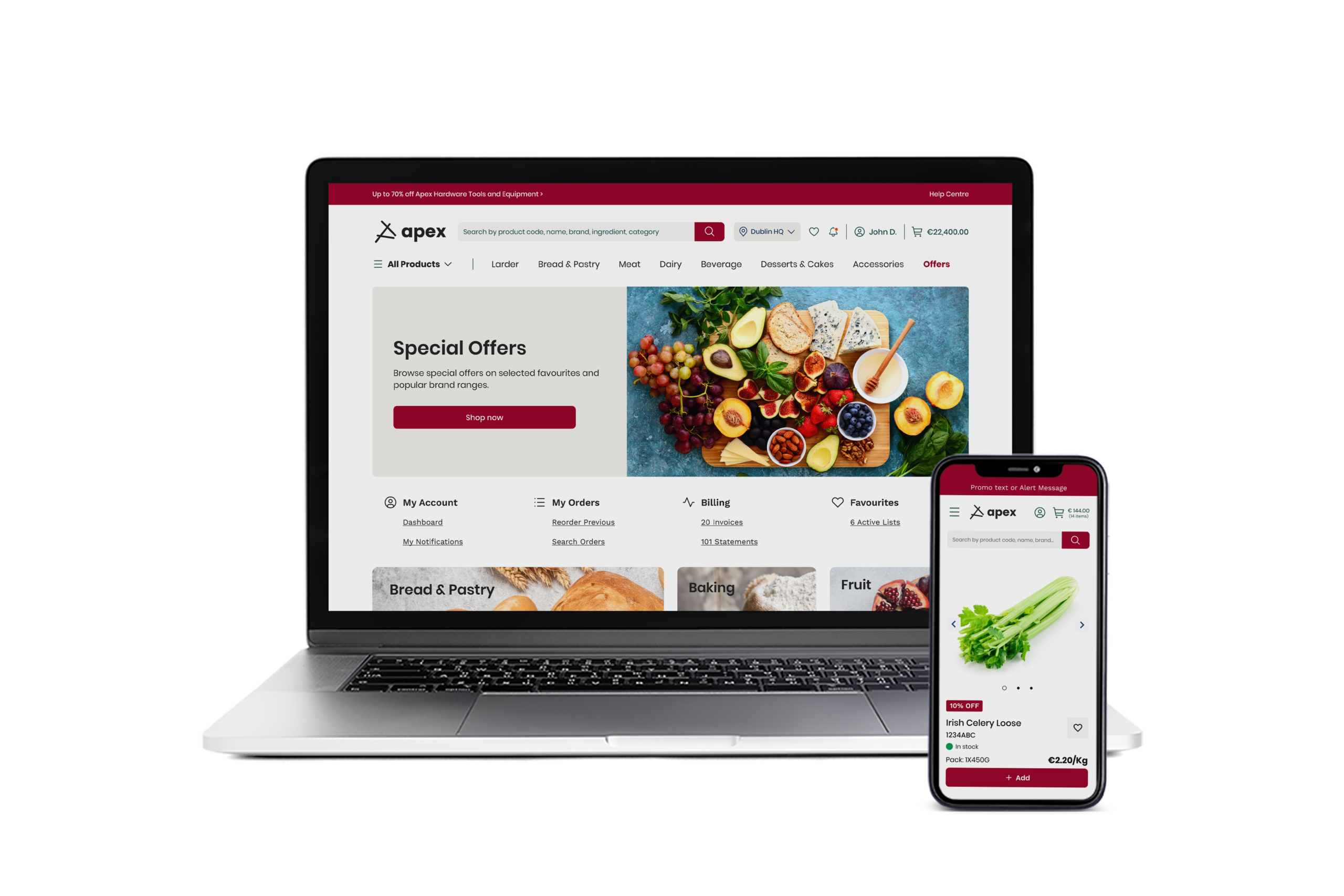 Apex homepage with food theme on laptop and smartphone