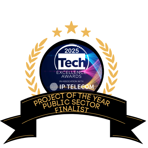 2025 Tech Excellence Awards Badge reads "In Association with IP Telecom, Project of the Year Public Sector Finalist"
