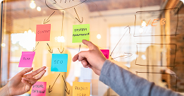 Hand pointing at sticky notes on a white board